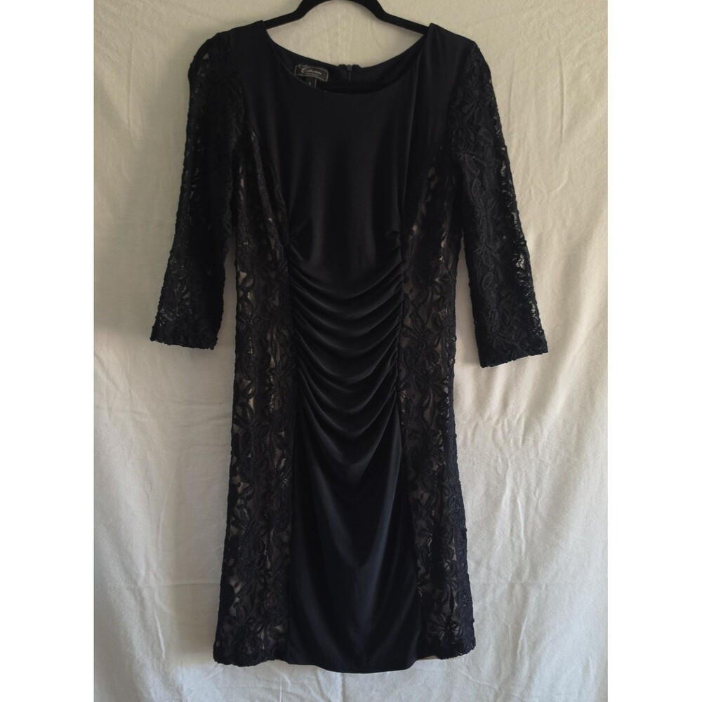 Navy Blue Ruched Front 3/4 Sleeve Side Lace Dress with Back Zipper Stretch sz 6